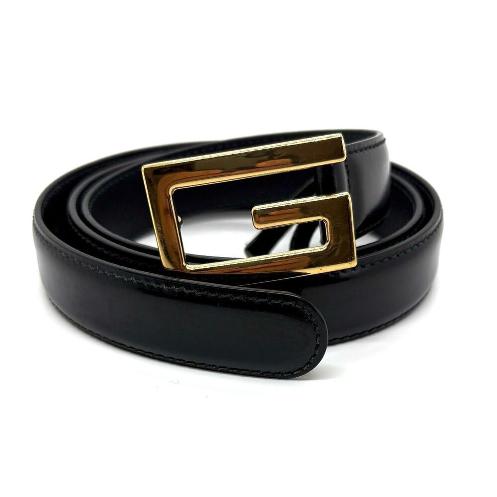 Gucci Gold Square G Logo Black Leather Belt 40 in.